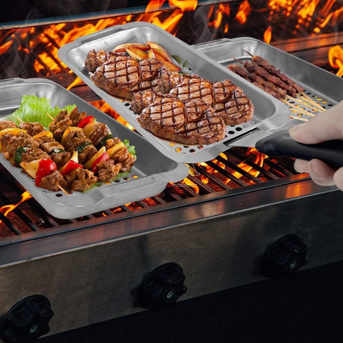 4PC STAINLESS-STEEL GRILLING TRAY SET